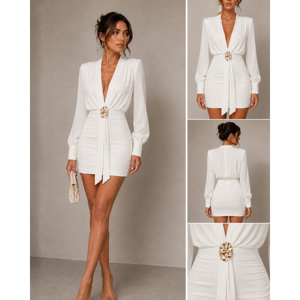 White Long Sleeve Ruched Mini Dress Gold Tone Center Detail Size Small
